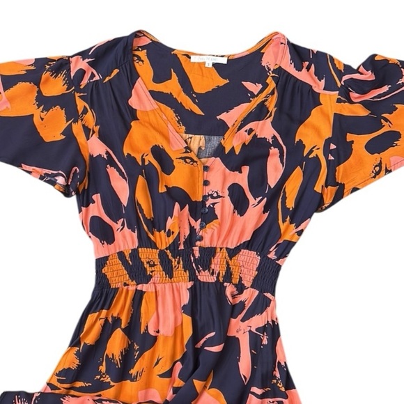 Abel The Label Clare Combo Maxi Dress Flutter Sleeve Smocked Pleated Small - Picture 12 of 13